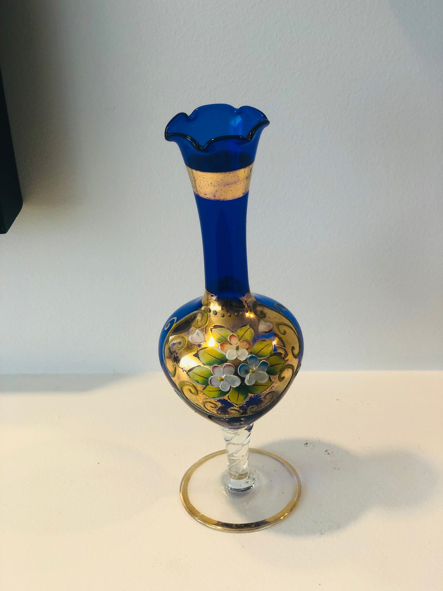 Bright Blue Hand painted Venetian Bud Vase