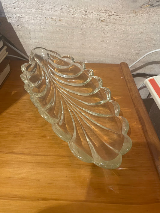 Clear Glass Dish shaped like a leaf
