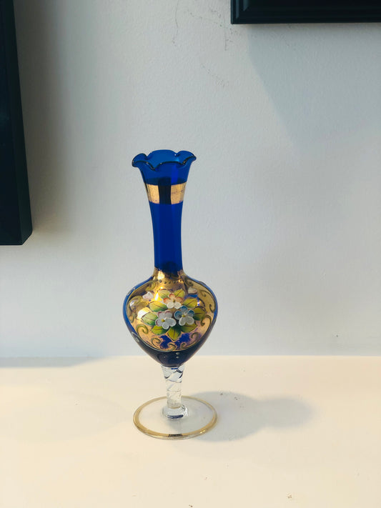 Bright Blue Hand painted Venetian Bud Vase