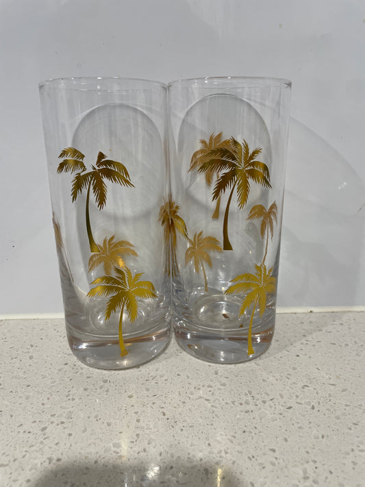 2 water Glasses with gold Palm Trees